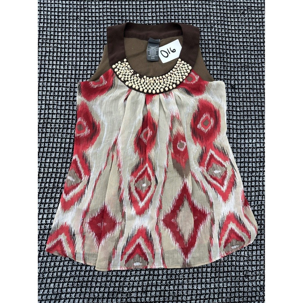 Covington Blouse Womens PS Red Brown Excellent Beaded Neckline Ikat Print Boho‎